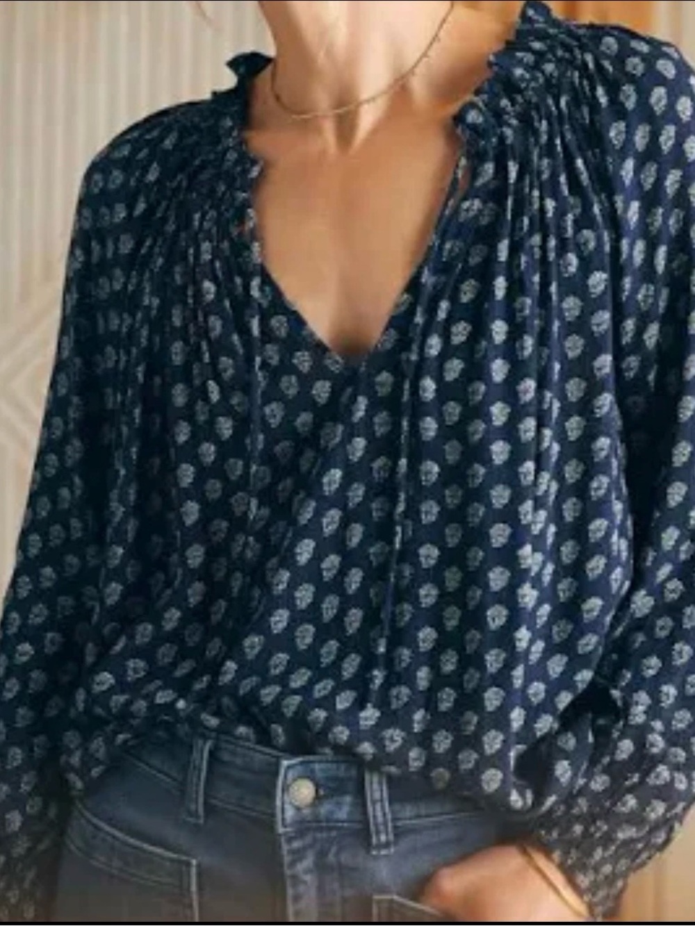 Faherty Navy Floral Tie-Neck Peasant Blouse